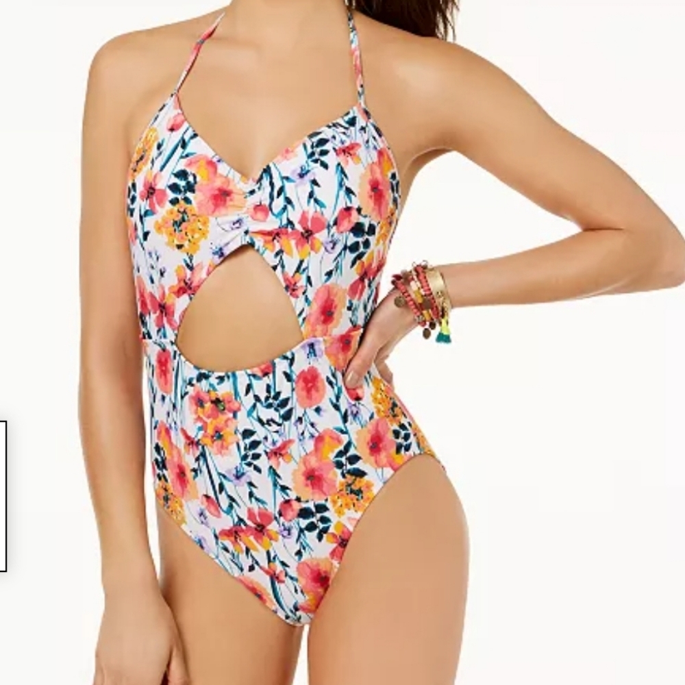 Hula Honey Juniors'  Printed Cut-Out Halter One-Piece Swimsuit, size L